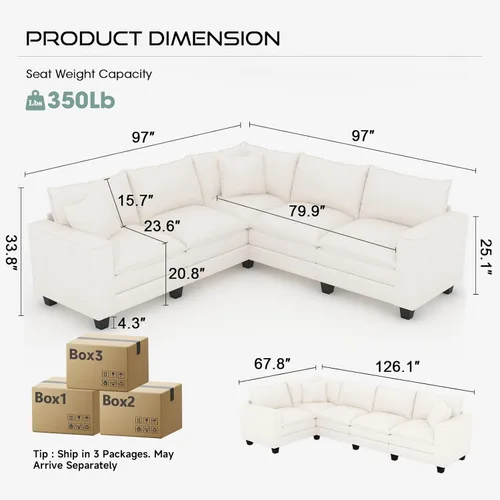 Vista 2 de Sofá seccional modular de 97 pulgadas con 5 asientos, sofá cómodo convertible en forma de L con almacenamiento en reposabrazos y dos almohadas