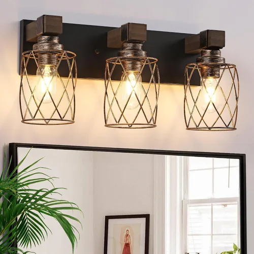 Vista 17 de Farmhouse 3-Light Wood Bathroom Vanity Light, White Metal Cage Shade