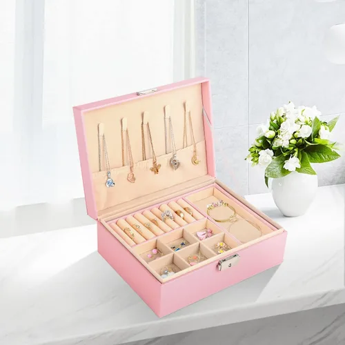 Vista 2 de Joyero organizador para mujeres y niñas, 2 capas grandes para hombre, estuche de almacenamiento de joyas de piel sintética con bandeja extraíble