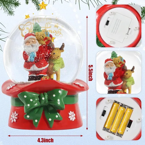 Vista 8 de Bola de Nieve Navideña de 100 mm con 8 Luces de Color, Bola de Nieve Musical, Papá Noel, Muñeco de Nieve, Reno, Caja de Música, Decoración Navideña