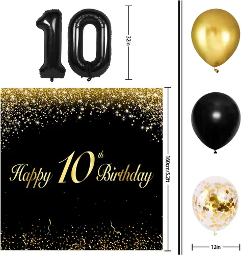 Vista 2 de Globos de Feliz 10 Cumpleaños Negros Set Decor - Saludos a la Fiesta de 10 Años de Edad, Guirnalda, Bandera, Telón de Fondo, Decoraciones