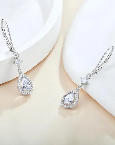 Vista 3 de Aretes colgantes de cristal para mujer, aretes Guesma de 0.236 x 0.157 pulgadas, diseño de lágrima, piedra natal creada, plata esterlina 925, aretes