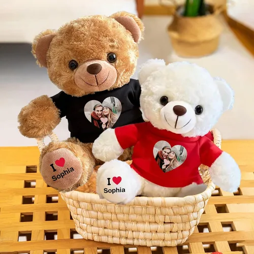 Vista 3 de Oso de peluche personalizado con fecha de texto de imagen, juguetes de peluche personalizados de 11 pulgadas, regalo para novia, novio, cumpleaños