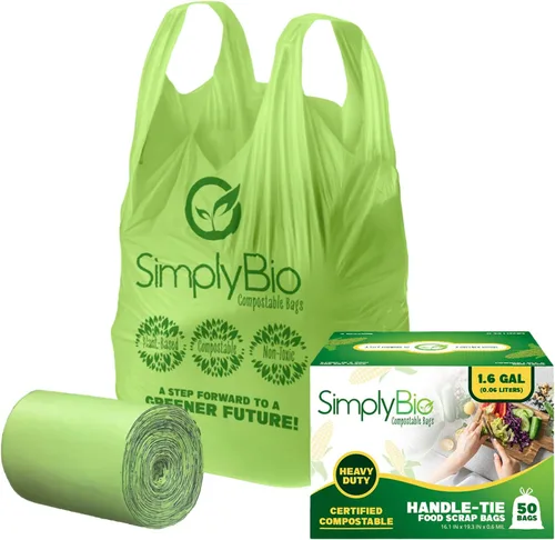 Vista 12 de Simply Bio Bolsas de basura compostables de 13 galones con cordón de cierre, extra gruesas de 1 mil, 49.21 litros, 30 bolsas, bolsa alta de cocina