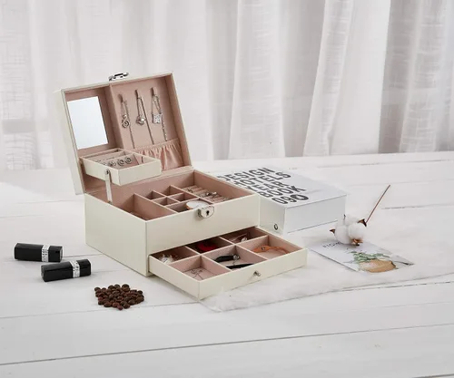 Vista 7 de goldwheat Joyero organizador de cuero de dos capas con espejo de cerradura para mujeres y niñas, estuche de viaje, almacenamiento de exhibición