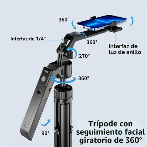 Vista 5 de Trípode de seguimiento facial automático de 70.9 pulgadas, rotación de 360° con luces, sensor de movimiento, trípode para teléfono, palo para selfie