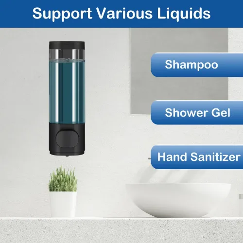 Vista 7 de Dispensador de jabón de mano montado en la pared, 1 cámara, dispensador único de champú y acondicionador de 10oz/300ml en negro, contenedor