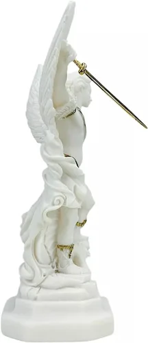 Vista 3 de Generic Saint St Michael Arcángel derrotó a Lucifer estatua griega figura de escultura con detalles dorados, oro blanco, altura: 9.1 in (9 pulgadas)