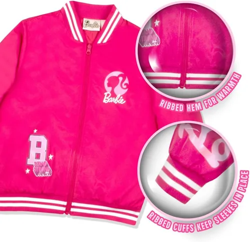 Vista 2 de Barbie Chaqueta bomber para niñas, chaqueta universitaria con cremallera y ropa de abrigo para niña