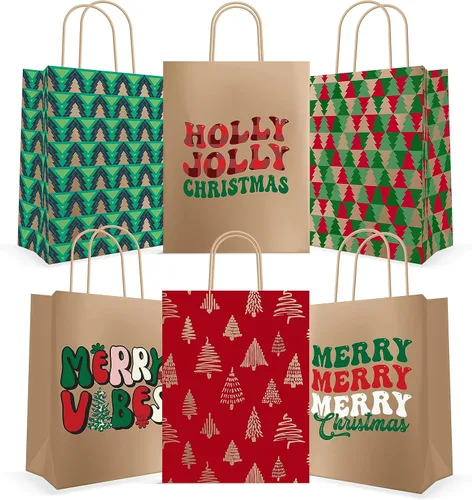 Vista 8 de EasyKart - Bolsas de regalo de papel kraft – 30 bolsas de regalos de Navidad, 6 diseños, regalos para el aula y fiestas (9 x 7.3 x 3.3 pulgadas)