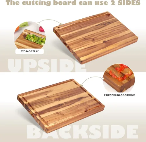 Vista 7 de Tabla de cortar de madera de acacia (17 x 13 x 1.5 pulgadas) y bloque de carnicero de madera, tabla de cortar, reversible multiusos para carne
