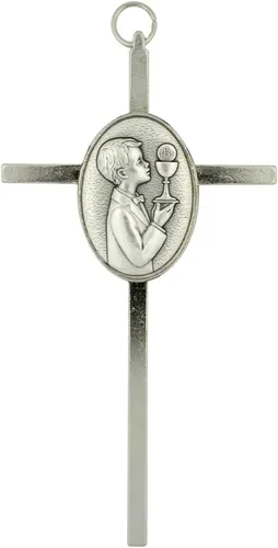 Vista 3 de Pequeña cruz metálica de pared, 4.5 pulgadas de alto, gran regalo católico para bautismo, primera comunión y confirmación, decoración cristiana