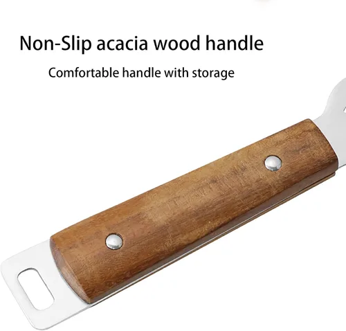 Vista 5 de Abrelatas de acero inoxidable para cocina, mango de madera de acacia manual con agujero para colgar, perforador de botella duradero, abrebotellas
