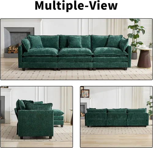 Vista 195 de Sofá seccional modular verde de 111.5", sofás seccionales grandes de 3 plazas para sala de estar, sofá nube oversized de tela chenille con otomana