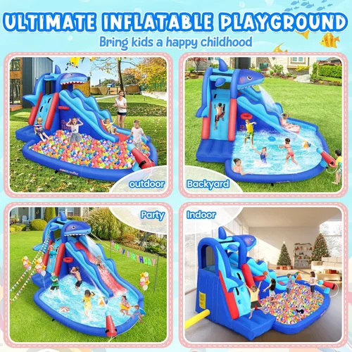 Vista 4 de AKEYDIY Toboganes acuáticos inflables, estilo tiburón, parque acuático inflable al aire libre con escalada, borde de baloncesto, piscina