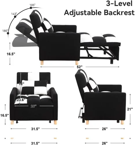 Vista 2 de Silla de dormir, sofá cama individual convertible con almohada, cama extraíble con respaldo ajustable, silla de salón multifuncional con tela