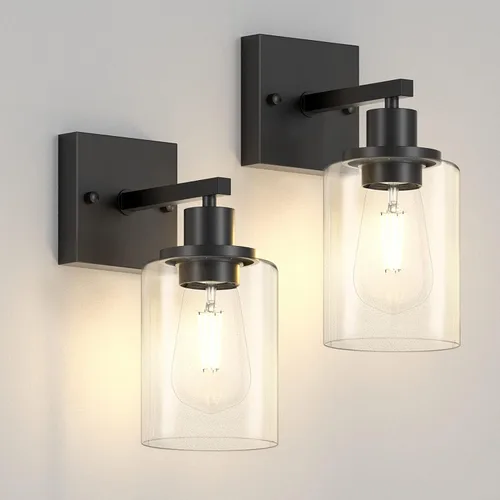 Vista 9 de Licperron Juego de 2 apliques de pared negros y dorados con pantalla de vidrio transparente, accesorios de luz de tocador mate negros, luces