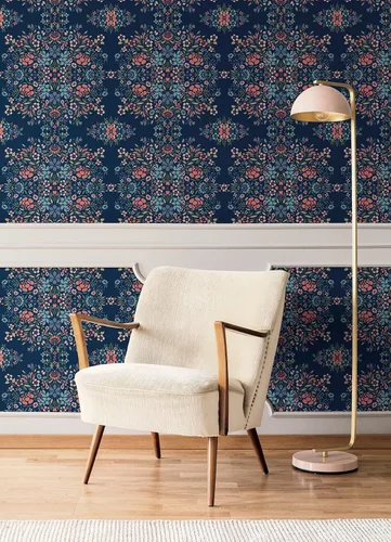 Vista 4 de RoomMates RMK12587PLW - Papel tapiz para despegar y pegar con diseño floral de medallón azul
