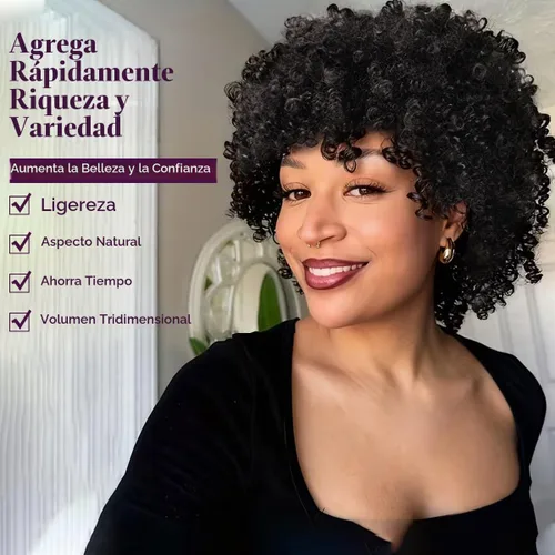 Vista 2 de Vitorish Peluca corta afro rizada con flequillo para mujeres negras, peluca sintética resistente al calor, color negro natural, para uso diario