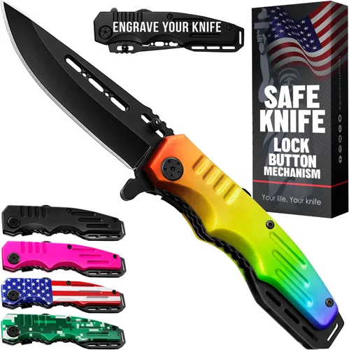 Vista 10 de Navaja de bolsillo con bloqueo de seguridad - Hoja afilada de 3.4 pulgadas - Cuchillo táctico plegable con mango de aluminio - Herramienta ideal