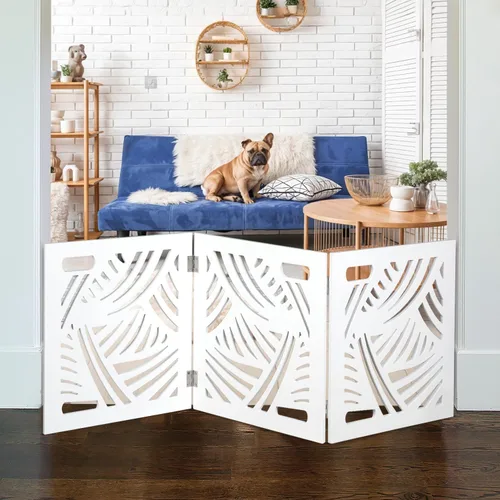 Vista 10 de Puerta independiente para perros, valla de madera decorativa expandible para perros pequeños a medianos, barrera para escaleras, puertas y pasillos