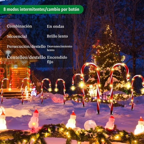 Vista 5 de Paquete de 12 luces solares de bastón de caramelo para decoración de Navidad al aire libre, impermeables, con estrella y LED brillante, 8 modos