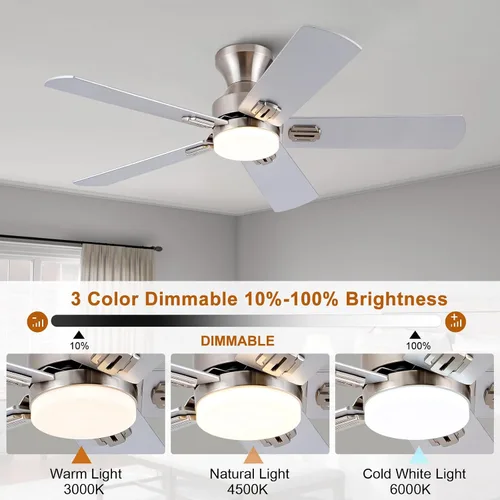 Vista 6 de Ventiladores de techo de níquel cepillado de 42 pulgadas con luces y control remoto, ventilador de techo moderno de bajo perfil para interiores