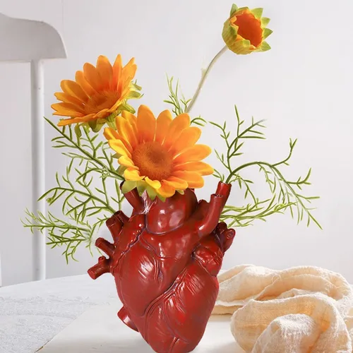 Vista 3 de Jarrón anatómico de corazón – Florero único de resina, jarrones en forma de corazón rojo para esculturas de flores, decoración del hogar, maceta