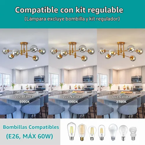 Vista 4 de DDLLDESHI Lámpara de araña de 6 luces dorada con cubierta esférica de vidrio Sputnik, lámpara de techo de 34" de gran tamaño para comedor, lámparas