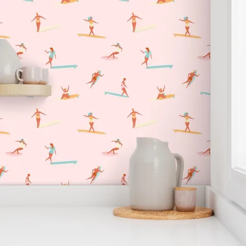 Vista 8 de Despegar y pegar papel tapiz Swatch - Chicas Surfers Rosa Surfing Girl Sport Hawaii Retro Ocean Nautical Beach Papel pintado personalizado extraíble