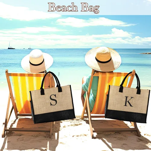 Vista 6 de TOPEAST Jute Initial Tote Bag Burlap Beach Bag Personalized Birthday Gifts for Women Teacher Mom Bridal Bridesmaid Gifts