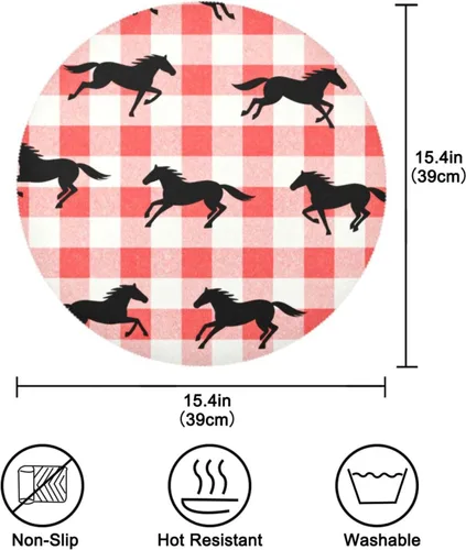 Vista 4 de Red Checkered Running Horse Circle placemats Solid placemats for Dining Table Set of 4 15x15 in individuales para comedor