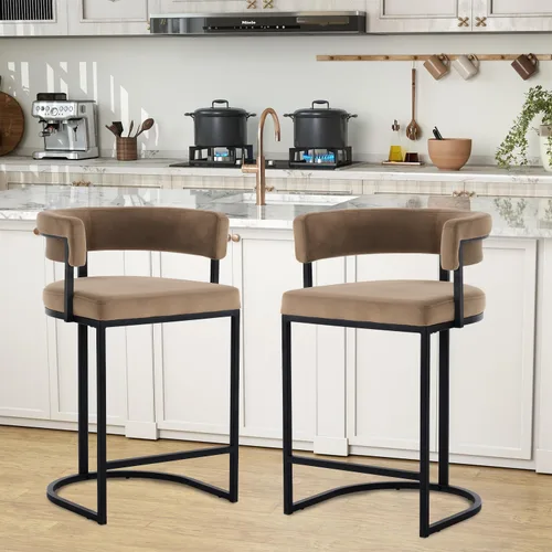 Vista 24 de Modern Barrel - Juego de 2 taburetes de bar de terciopelo de 24 pulgadas con respaldo y brazos cómodos, silla de isla de cocina tapizada de sherpa
