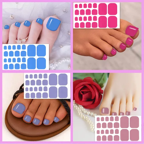 Vista 5 de 20 hojas de tiras de esmalte de uñas de los pies para mujer, calcomanías de color sólido para uñas de los pies, envolturas completas para niñas