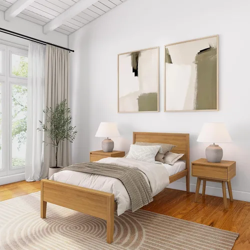 Vista 25 de Plank+Beam - Estructura de cama individual de madera maciza, cama de plataforma con cabecero, arcilla