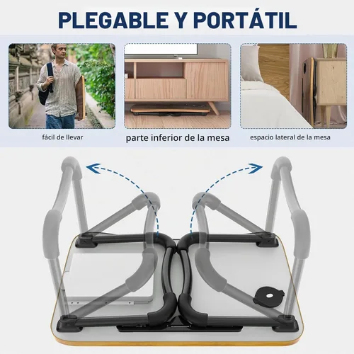 Vista 6 de Zapuno Mesa de cama plegable para laptop, mesa multifunción con cajón de almacenamiento y soporte para botella de agua, bandeja de servir mesa