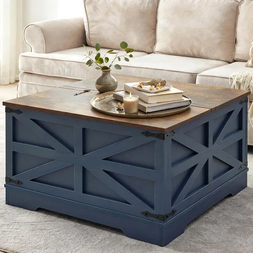 Vista 9 de Mesa de centro negra con almacenamiento, mesa de cóctel con parte superior elevadora con bisagras, mesa central cuadrada de madera con gran