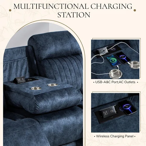 Vista 5 de Sofá reclinable eléctrico con gravedad cero, sillón reclinable eléctrico con reposacabezas ajustable, carga inalámbrica, puertos USB/C, sofá Azul