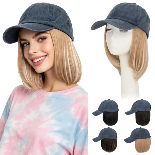 Vista 49 de Hairro Peluca de gorra de béisbol con cabello adjunto, corto estilo Bob ajustable, extensiones de cabello sintético para mujeres, balayage