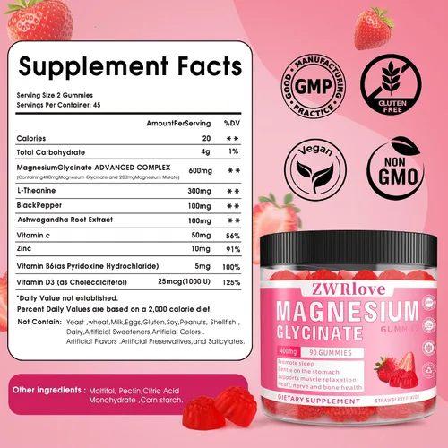 Vista 2 de Gomitas de glicinato de magnesio 400 mg con Ashwagandha, malato de magnesio y L-teanina para mujeres, hombres y niños adultos, suplementos complejos