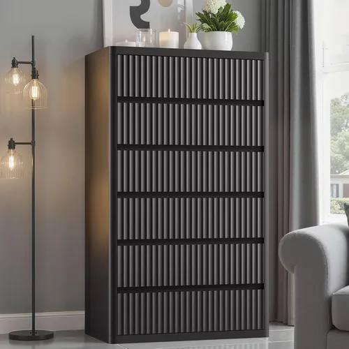 Vista 9 de Standifurno Cómoda negra de 56 pulgadas de alto para dormitorio, moderna acanalada con 6 cajones profundos, cómoda de madera con asas, perfiles Negro