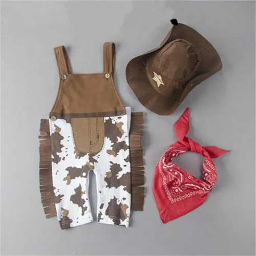 Vista 3 de VISGOGO Western Baby - Conjunto de disfraz de 3 piezas, mameluco con borlas, sombrero de estrella de ala ancha, bufanda estampada triangular