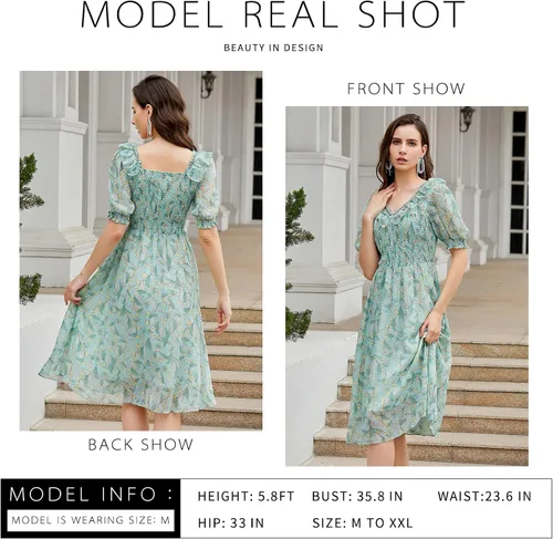 Vista 4 de Vestido bohemio para mujer, cuello en V, vestido floral de verano, vestido con volantes con manga abombada, vestido vintage de playa acampanado