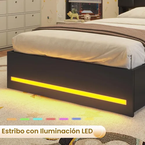 Vista 8 de VIAGDO Marcos de Cama Individuales con Cabecera de Estantería, Marco de Cama de Madera Tamaño Individual con Estación de Carga, 4 Cajones de Negro