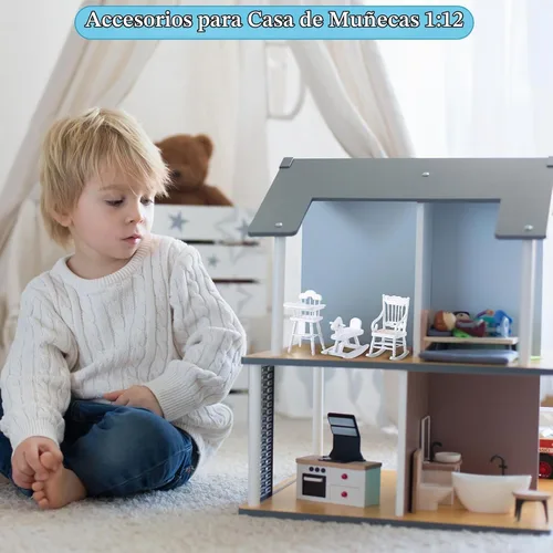 Vista 5 de Silipull Juego de 5 piezas de muebles de madera para casa de muñecas escala 1:12, miniatura, muebles de dormitorio de madera, accesorios de casa
