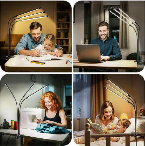 Vista 9 de ShineTech Lámpara de escritorio LED con abrazadera, iluminación ultra ancha de 3 cabezales, 4 modos de color, lámpara de trabajo de cuello de cisne