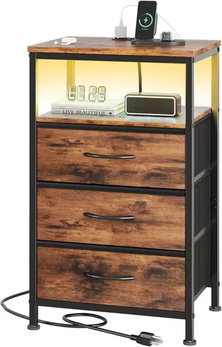 Vista 17 de Sweetcrispy Mesita de noche con estación de carga, mesa auxiliar con 3 cajones de tela, puertos USB y tipo C con salidas de CA, pies ajustables