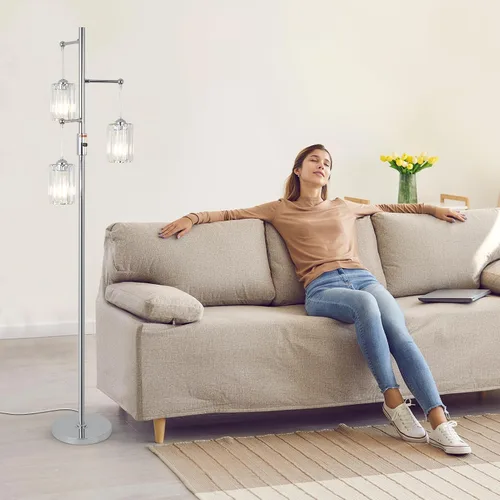 Vista 3 de Lámpara de pie moderna de cristal para sala de estar, lámpara de pie regulable de 3 luces, lámpara de árbol industrial plateada con pantalla