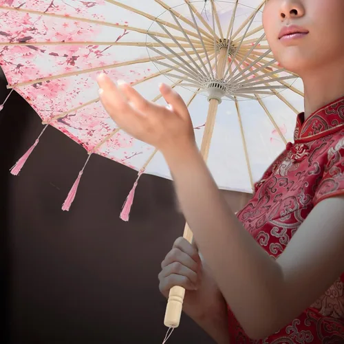 Vista 5 de Homoyoyo Sombrilla de tela con patrón de flores, sombrilla de tela de seda japonesa china con bolsa de borlas, kimono Hanfu, suministros de disfraz