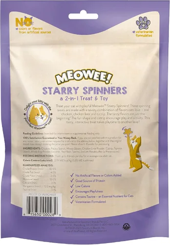 Vista 2 de MEOWEE! Starry Spinners - Golosina para gatos, 1.25 onzas, regalo 2 en 1 y juguete hecho con pollo real, hígado de pollo y hierba gatera, fomenta